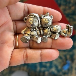 3 Silver Bear Cubs Pin Brooch With Rhinestone Eyes